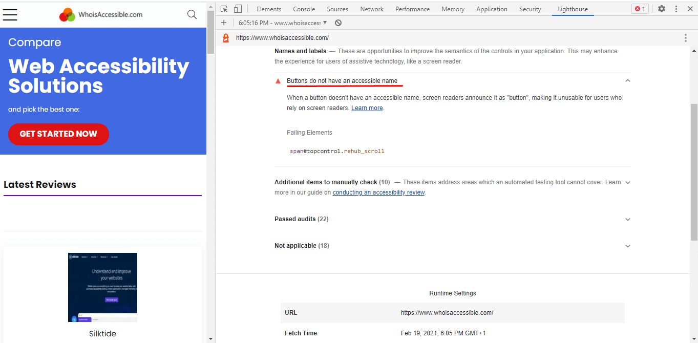 Examining audit report of whoisaccessible.com using Chrome DevTools