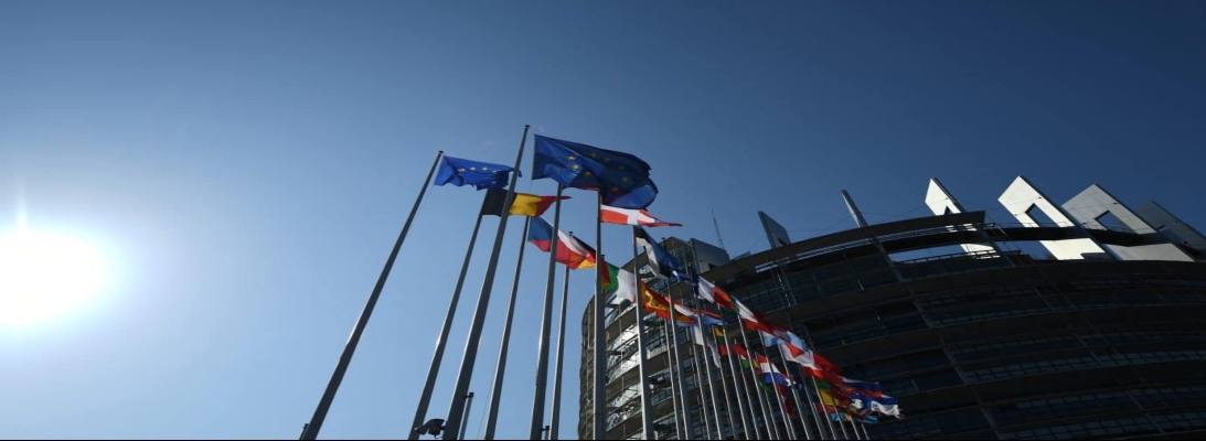 European Commission and flag of its member countries in the EU Headquarter In Brussels