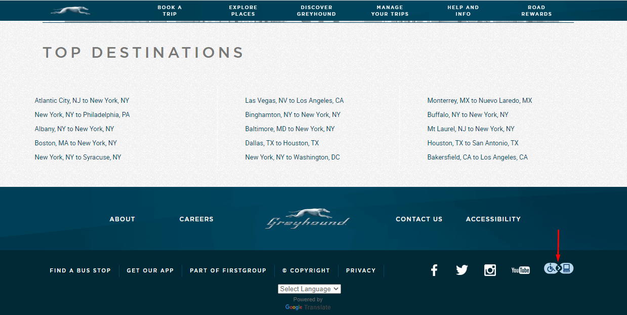 Find the assistive technology accessibility sign on Greyhound's website