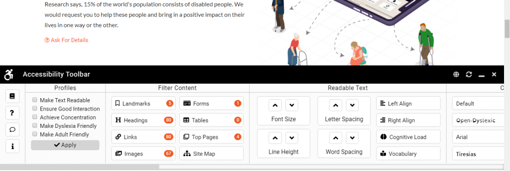 Accessibility toolbar is opened