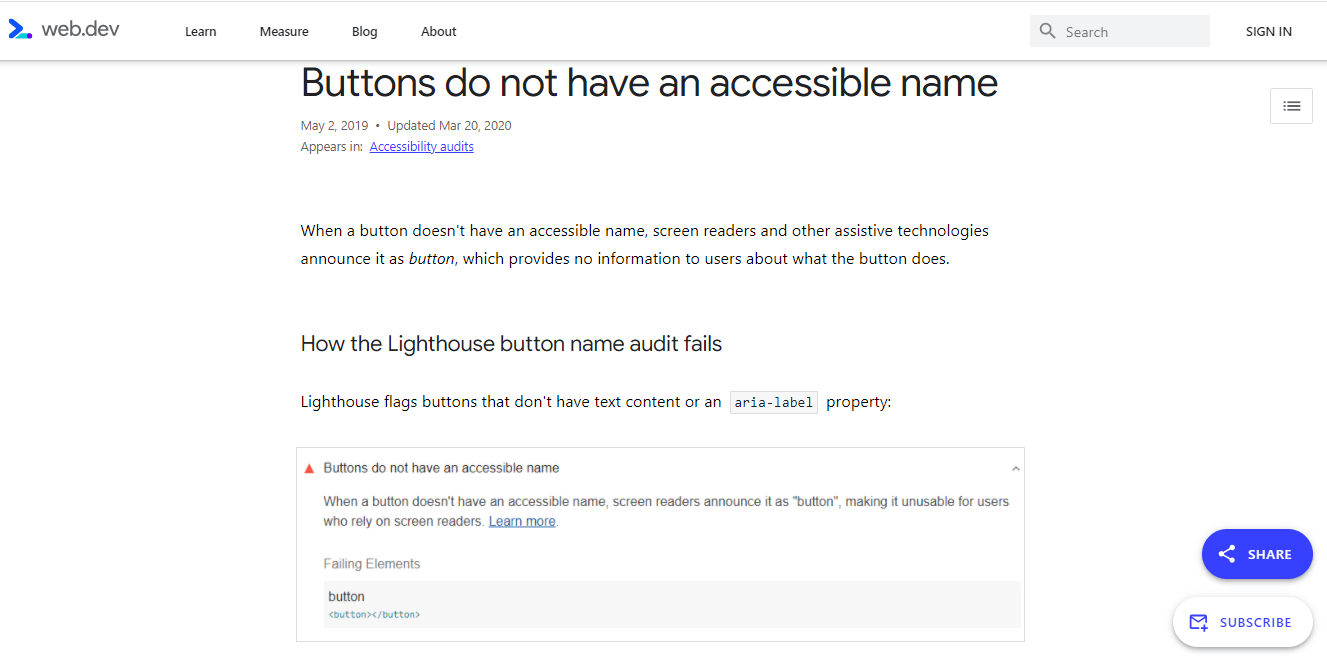 Chrome DevTools web.dev page that shows more information on how to improve accessibility of web page