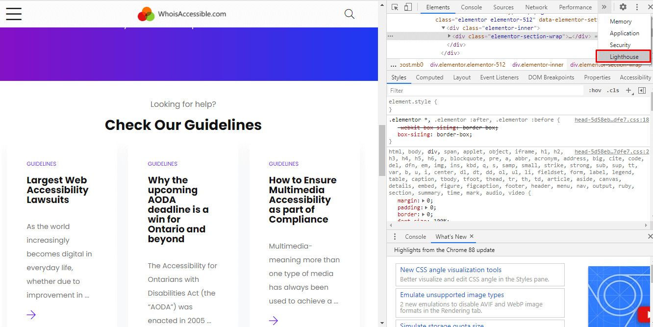 accessing Lighthouse Chrome Dev Tools from whoisaccessible home page