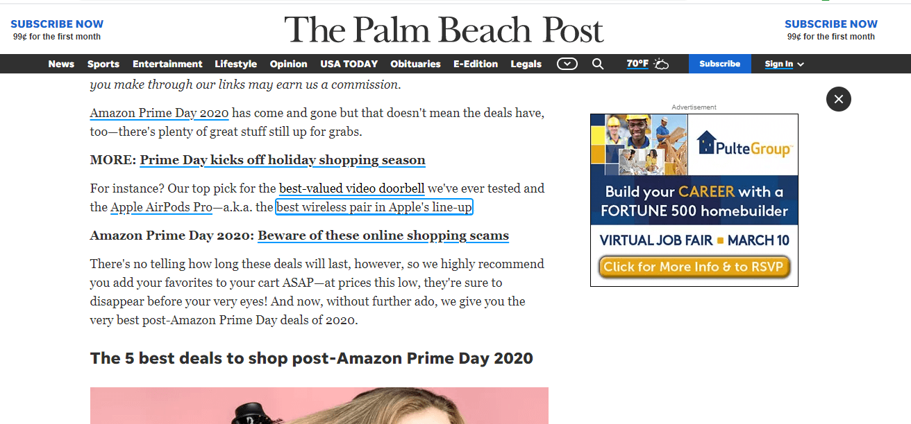 Example of good content accessibility on Palm Beach Post website