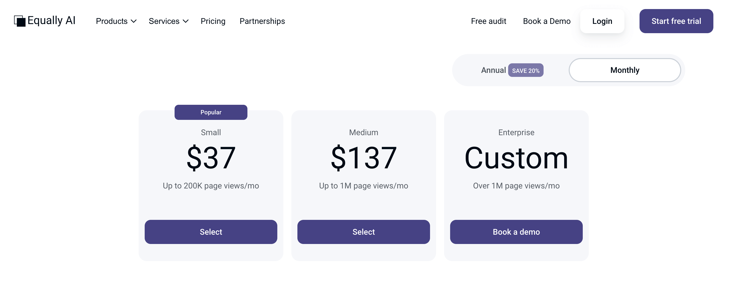 Pricing plans for Equally AI widget