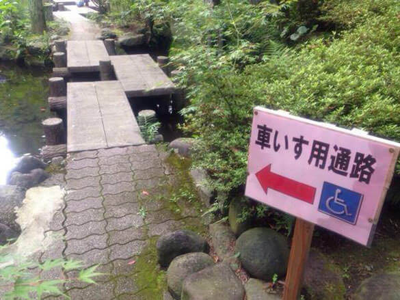 Narrow inaccessible bridge marked for wheelchair users