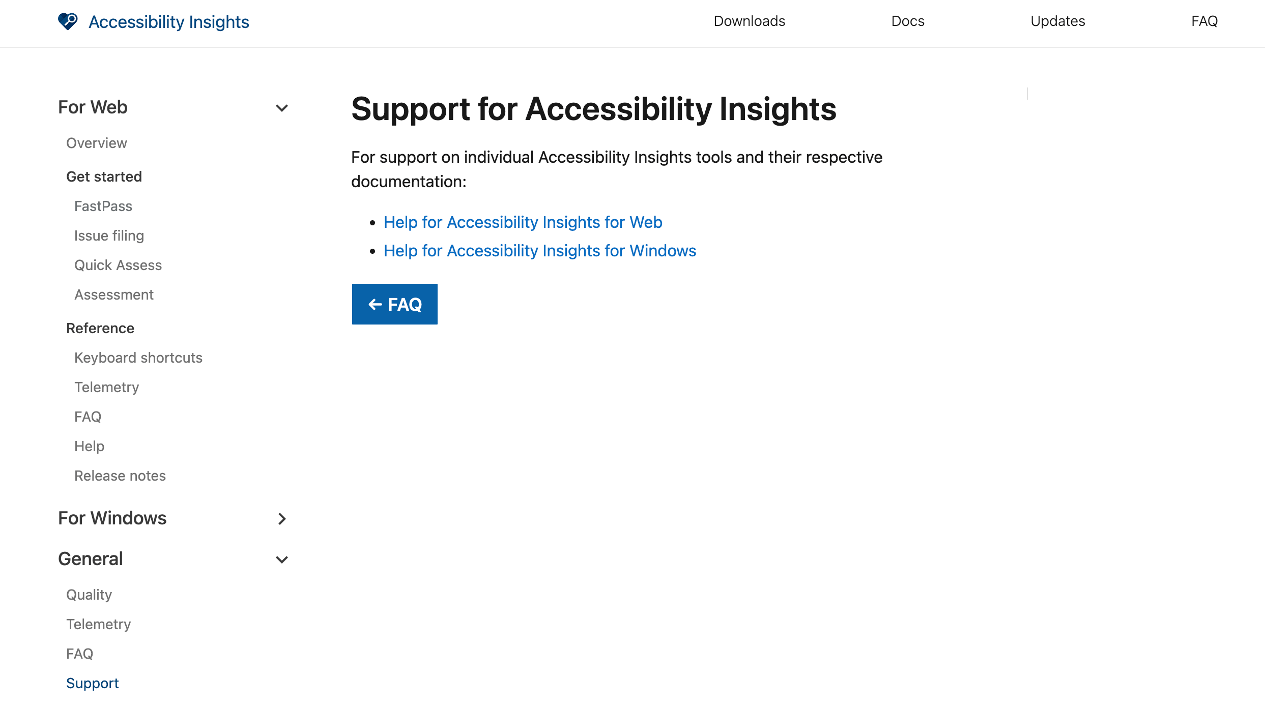 Support offered by Accessibility Insights