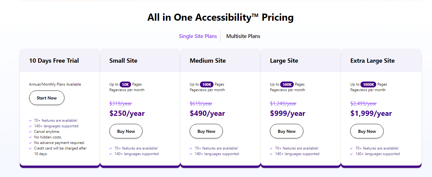 All in One Accessibility pricing for single site plans